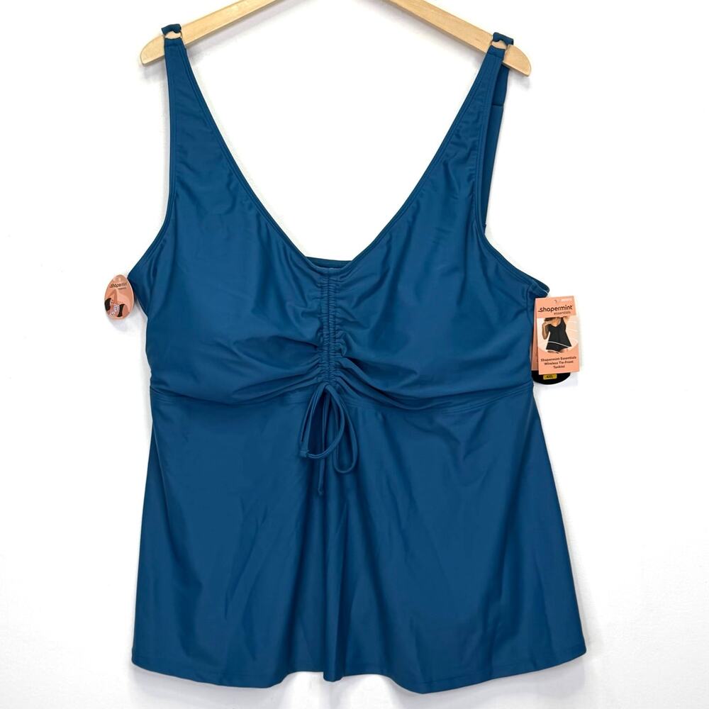 SHAPERMINT Essentials Wireless Tie-Front Tankini Top 4XL Ocean Blue UPF 50 NWT